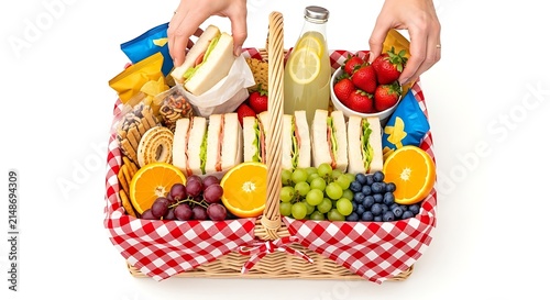 Hands Packing Picnic Basket Loaded With Fresh Sandwiches Fruit Lemonade And Snacks