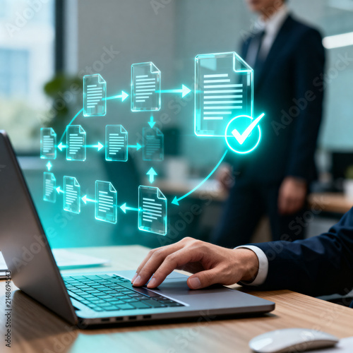 Document version control and revision history concept. Corporate manager editing digital files on laptop, change tracking, online document control, edit approval workflow, verified update