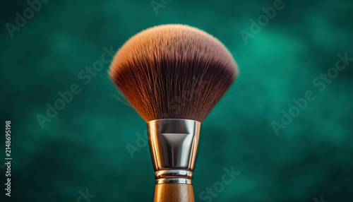 Close Up Makeup Brush with Orange Bristles against Green Background.