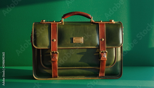 Classic green leather briefcase with brown straps on bold green background.