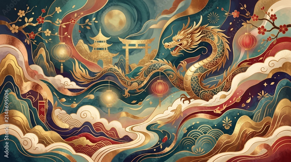 Fototapeta premium Elegant Chinese New Year Celebration Background with Majestic Golden Dragon, Traditional Lanterns, Moon, and Ornate Clouds. Luxury Lunar New Year Asian Art with Gold Foil and Festive Ornaments.
