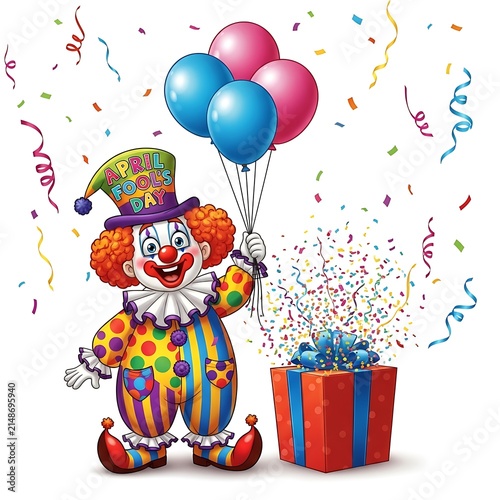 A colorful clown celebrating a birthday with balloons and a gift