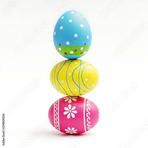 Easter eggs are stacked vertically in a colorful display