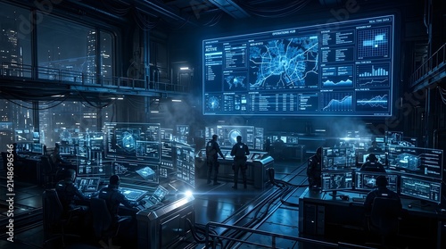 Futuristic command center with high tech screens monitoring global cyber security data in dark room.