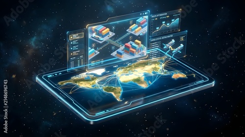 Futuristic digital tablet displaying global logistics network with holographic map and cargo tracking data.
