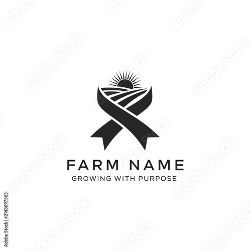 Ribbon Logo with Farm Fields and Sun, Growing with Purpose Concept