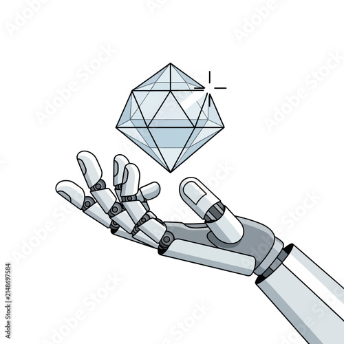 Robotic Hand Presenting Futuristic Crystal Gemstone Isolated