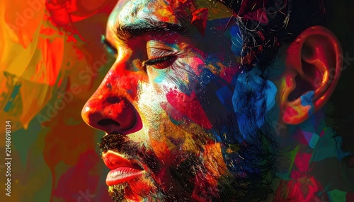 Abstract Portrait of a Man with Vibrant Colorful Paint Splatters on Face and Hair