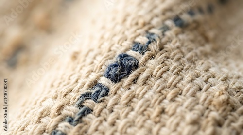 Macro close up view of coarse natural fiber textile weave with dark blue accent stitching detail