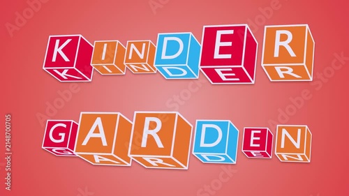 Colorful 3D Rotating Cubes with “KINDER GARDEN” Kinetic Typography on Red Background