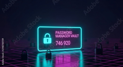 Neon cybersecurity password manager vault with digital security lock concept