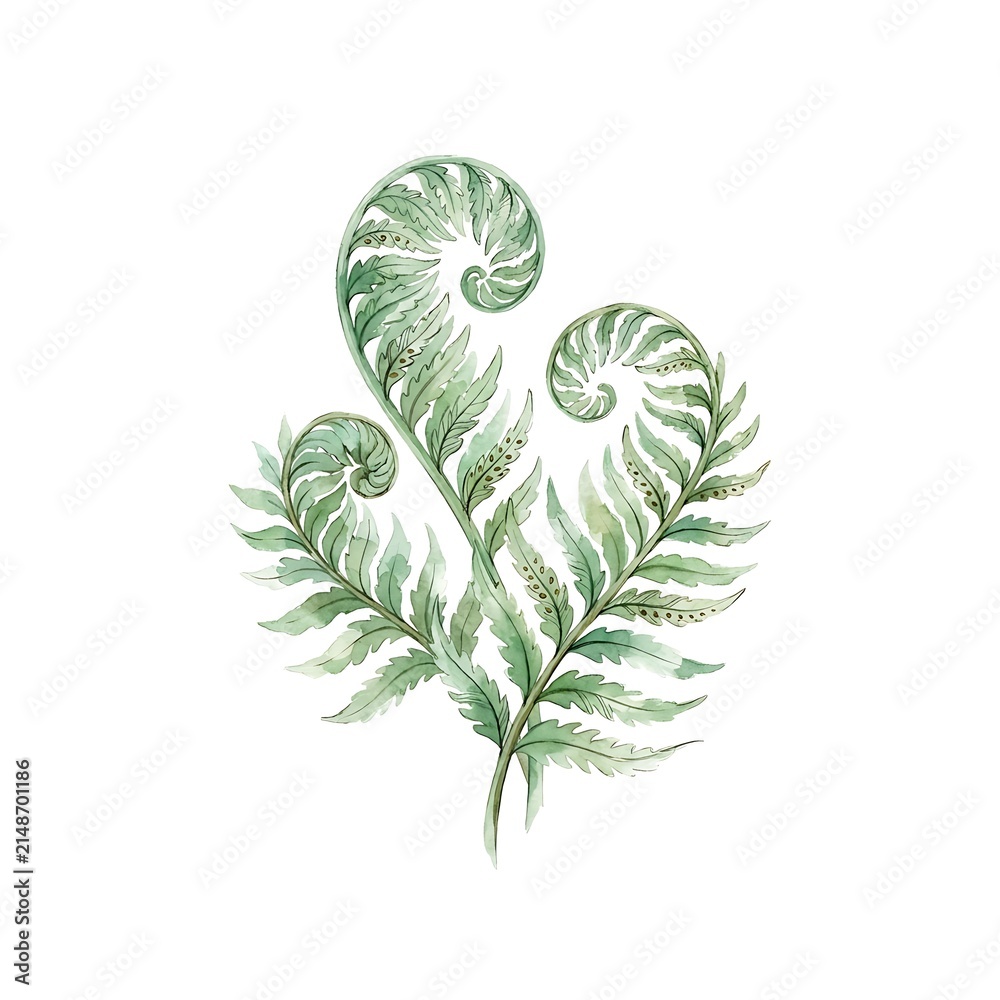 Fototapeta premium Beautiful hand painted illustration of green watercolor leaves featuring curled fern fronds on white