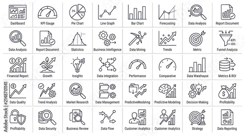 Financial dashboard and data management icon set displays line symbols for corporate strategy and market research.