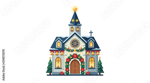 Church building decorated with festive Christmas garlands and glowing lights stands under a starry night sky during the winter holiday season.