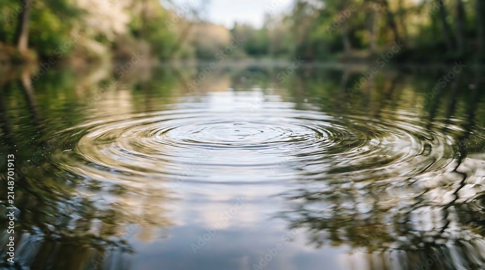 Fototapeta premium Tranquil forest scene with sunlight reflecting on the calm surface of a still lake creating ripples