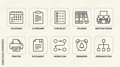 Office management icons appear in a structured grid for professional administrative planning purposes.