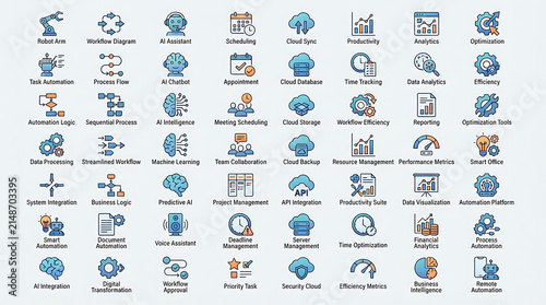 Icons representing business automation and cloud computing processes are organized in a structured grid.