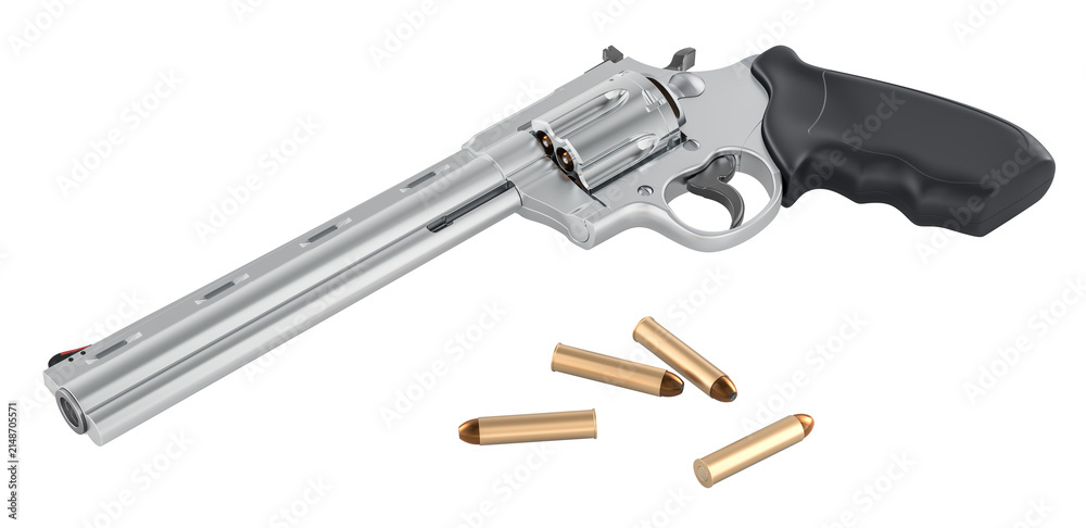 Fototapeta premium Silver long barrel revolver with ammunition. 3D rendering