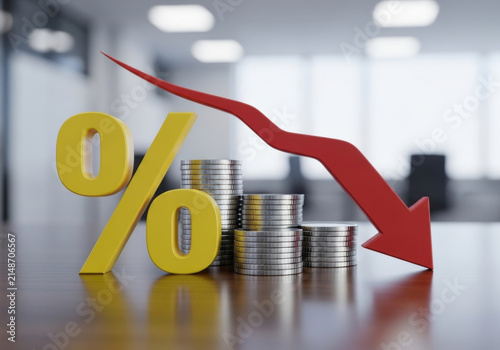 Financial concept showing interest rates declining represented by yellow percentage symbol and red downward arrow pointing towards piles of coins.