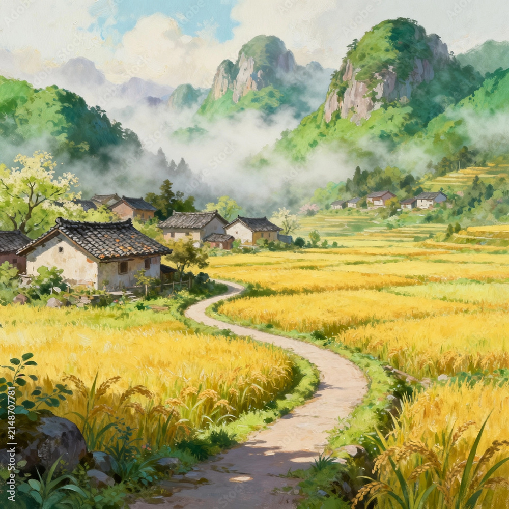 Fototapeta premium Oil Painting Chinese Golden Rice Terraces Mountain Village Morning Mist