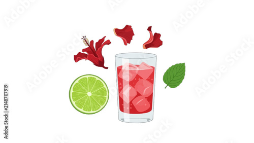 Refreshing Hibiscus Drink with Lime, Mint, and Flower Petals Isolated