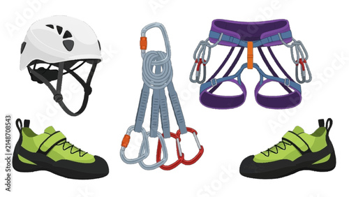 Climbing Gear Set: Helmet, Harness, Quickdraws, and Shoes on Transparent Background