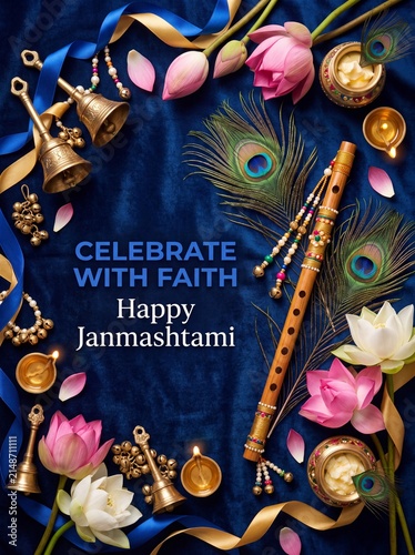 Traditional indian festival celebration decorative arrangement with festive arrangement religious wooden flute peacock
