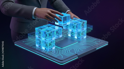 Digital transformation strategy showing hands placing a glowing data cube onto a complex circuit board matrix for modern IT infrastructure