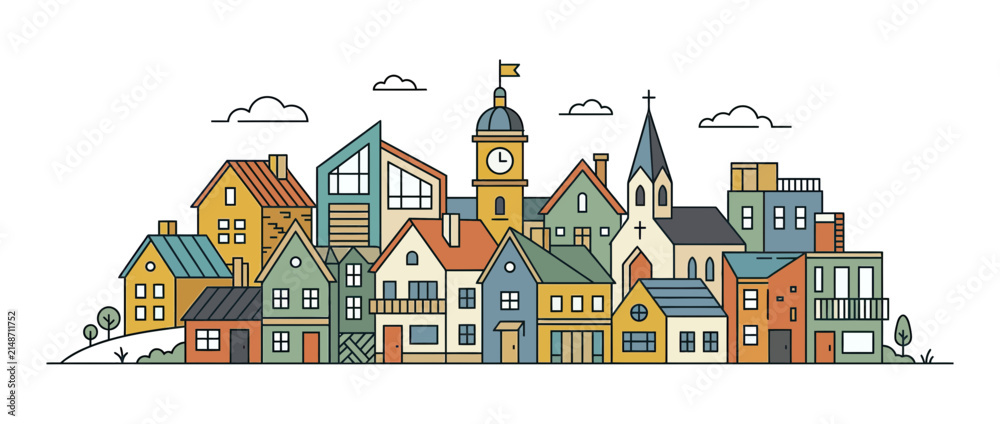 Fototapeta premium Colorful cartoon town cityscape with diverse buildings