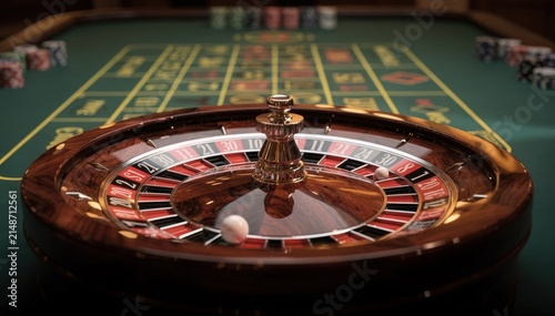 Medium shot highlighting the roulette wheels ball settling into a pocket on a European layout with a softly blurred betting table creating depth.