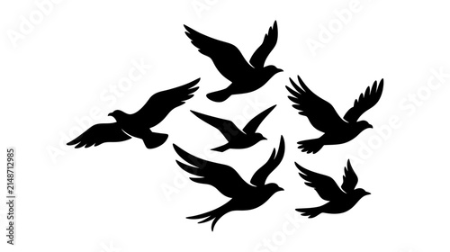 Bild auf Leinwand Silhouette flock of birds flying in unison