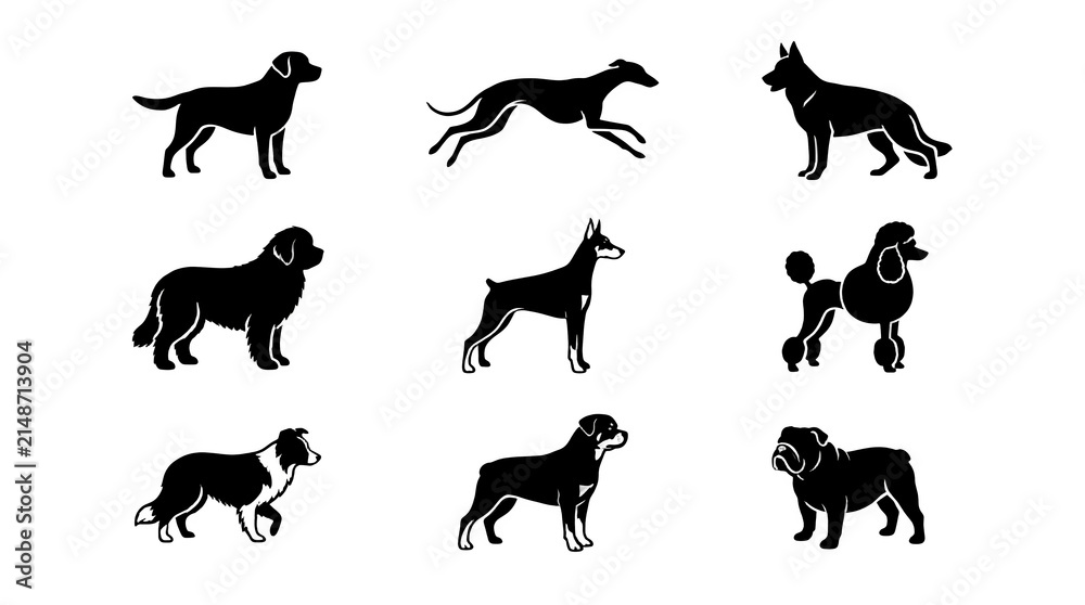Fototapeta premium Various dog breeds silhouette set, ensemble de silhouettes de chiens, Hunderassen Silhouetten Set, conjunto de siluetas de perros, 犬の品種 シルエットセット, 各种狗品种剪影