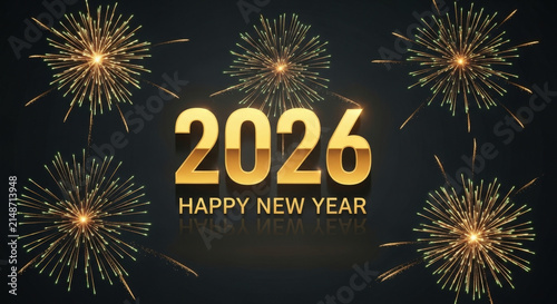 Golden 2026 happy new year text with sparkling fireworks on dark background festive celebration card for upcoming winter holiday event season.