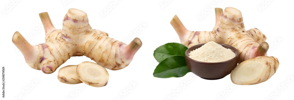 Fototapeta premium Fresh galangal root rhizome with slices and ground galangal in bowl on white background galangal ingredient isolated background transparent culinary seasoning transparent background PNG