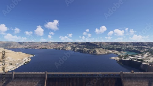 Aerial drone view of Grand Coulee Dam in Grand Coulee. Washington. United States
