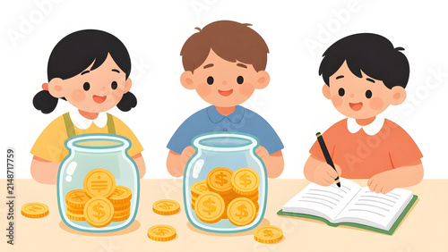 Kids Saving Money: Three cheerful children learn about financial literacy as they deposit coins into piggy banks and study diligently. A fun and educational scene promoting good habits.