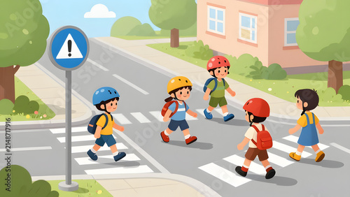 School Crossing Safety: Children wearing helmets and backpacks cross the street safely at a marked crosswalk, under a pedestrian crossing sign, promoting road safety education.