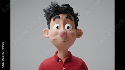 3D stylized cartoon portrait of a surprised man with messy black hair and red polo shirt