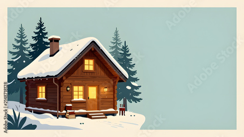 Cozy Cabin in Winter: A charming wooden cabin nestled amongst snow-covered pine trees, its windows glowing warmly, offering a picturesque scene of winter solitude and comfort.