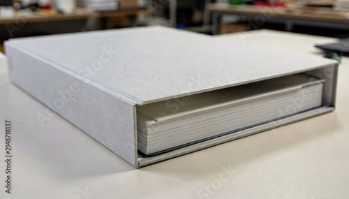 Close view of oversized museum catalog slipcase fitting around a thick art book contrasting sharp details with a blurred workshop background.