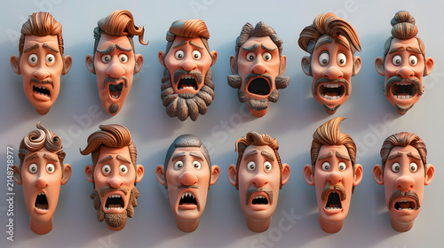Collection of 3D stylized male character heads showing diverse shocked and surprised expressions.