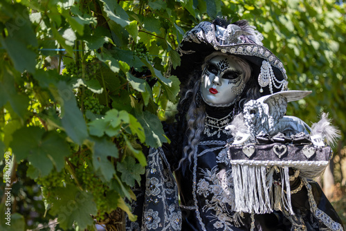 Riquewihr, France - 04 July 2026: View of a person in an elaborate Venetian masquerade costume with a silver mask and ornate clothing, holding a winged lion figurine in a vineyard.