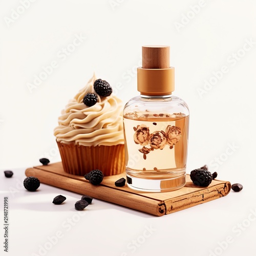 Small glass bottle with amber liquid and wooden cap next to a frosted cupcake with white icing.