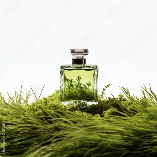 Transparent perfume bottle with green liquid on the grass lawn with moss around it