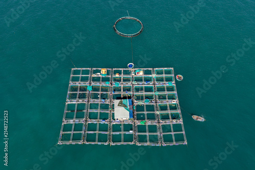 Aerial view of a floating fish farm with square aquaculture cages and a circular net in the turquoise sea near Mui Ne, Lam Dong, Vietnam.