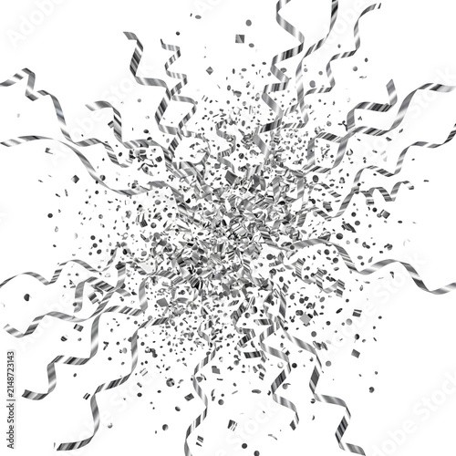 Silver Confetti and Ribbons Explosion Celebrating a Festive Holiday Event Isolated