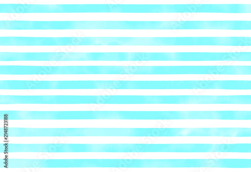 アクアブルーの水彩ボーダー背景 横｜Watercolor Aqua Blue Horizontal Stripe Border Background