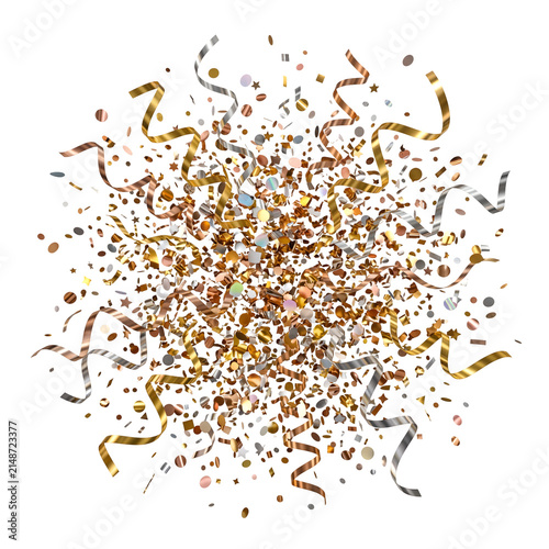 Celebratory Festive Confetti Explosion with Metallic Ribbons on White Background