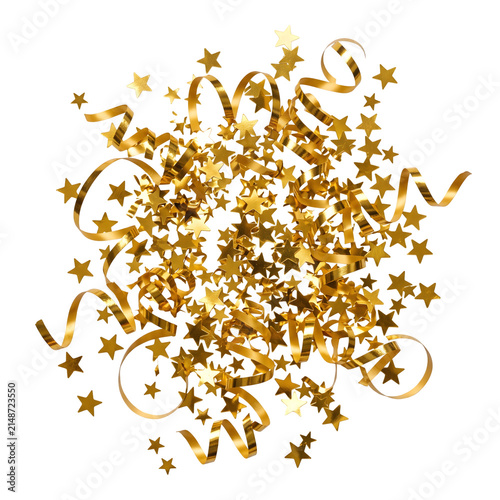 Top-Down View of Golden Star Confetti and Ribbons for Festive Celebration Events
