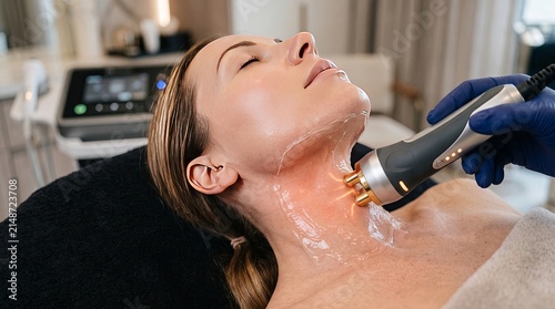 Closeup facial treatment using handheld radiofrequency device on woman neck in clinic setting
